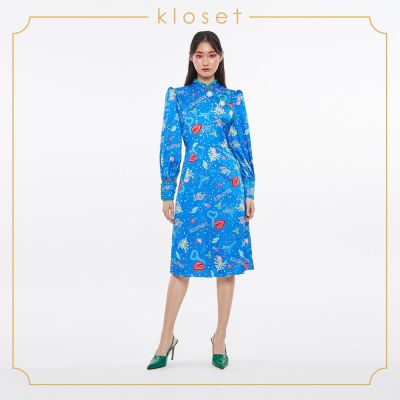 Kloset Chi-Chi Printed Midi Dress (SS19-D014) เดรสผู้หญิง เสื้อผ้าผู้หญิง เสื้อผ้าแฟชั่น เดรสพิมพ์ลาย เดรสคอจีน