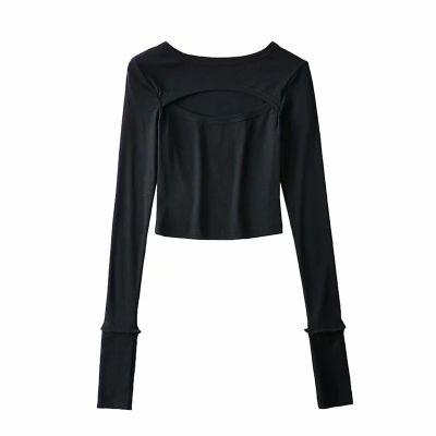 TVVOVVIN Spring Autumn Clothing Round Neck Long Sleeve European Sexy Hollow Out Chest Short Skinny T-shirt Women FYYR