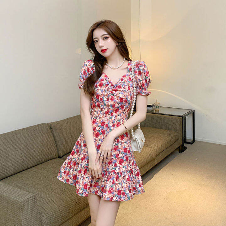 mini-dress-ลายดอกไม้กระโปรงสั้น-ชุดเดรสกระโปรงสั้น-เหนือเข่าแบบใหม่-ลายดอกไม้สีชมพู-แขนพองตุ๊กตา