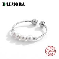 BALMORA S925 Silver Simple Pearl Beads Adjustable Rings For Women Girl Vintage Elegant Trendy Geometric Statement Jewelry Gift