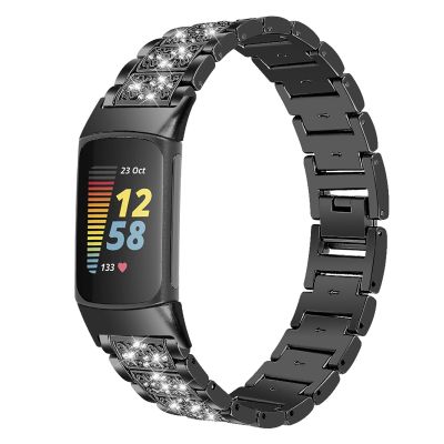 สำหรับ Fitbit Charge 5เพชรสแตนเลสสายนาฬิกาข้อมือ (สีดำ) (ขายเอง)
