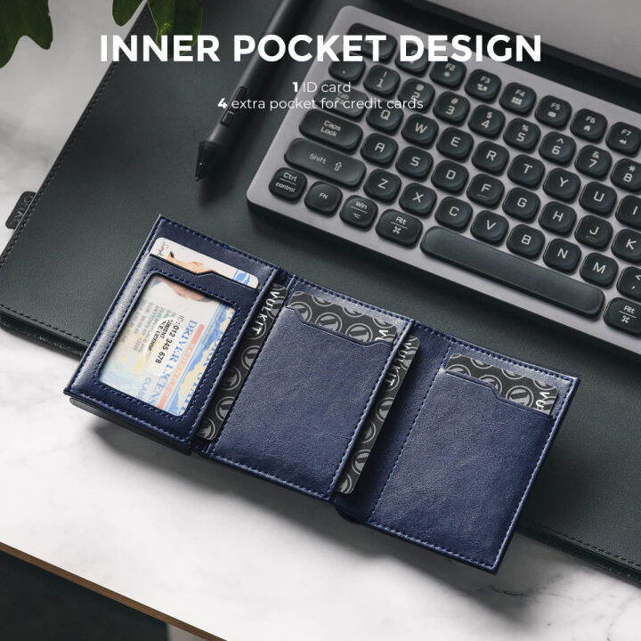 vulkit-mens-card-holder-wallet-pop-up-wallet-magnetic-closure-rfid-blocking-tri-fold-leather-wallet-navy