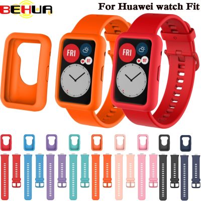BEHUA Screen Protection Watch Case with Strap For Huawei Watch Fit Soft Band Protector Cover Bumper Cases Wristband Accessories Replacement Parts