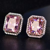 Classic Prinicess Cut Pink Diamond Stud Earrings Square 925 Sterling Silver CZ Ear Studs