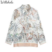 Willshela เสื้อเชิ้ตชุดเสื้อกางเกงพิมพ์ลายผ้าซาตินแฟชั่นสำหรับผู้หญิงคอเสื้อคอปกแขนยาวเสื้อกระดุมแถวเดียวเสื้อผู้หญิงเสื้อโบฮีเมียนลำลองเก๋ไก๋