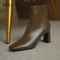 IELGY รองเท้าผู้หญิง,รองเท้าบูทส้นสูงหนาสั้น Sepatu BOOT Pendek สี่เหลี่ยมเล็กสีน้ำตาล