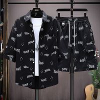 【hot seller】 2023 Five-quarter Sleeve Shirt Mens Loose Korean Youth Shorts Handsome Breathable