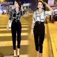 Socialite fashion temperament all-match chain printing simple loose shirt high waist metal buckle suit cropped pants suit V729