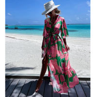 2023 Beach COVER UP บิกินี่ COVER-UPS Kaftan Elegant Tunic Dress Robe de Plage Bohemian พิมพ์ชีฟอง pare V คอ beachwear