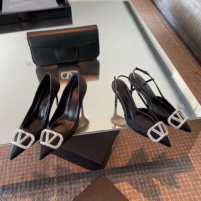 Women Shoes 2023 spring and summer vt satin stiletto shallow mouth pointed toe kitten heel high-heeled sandals womens rhinestones