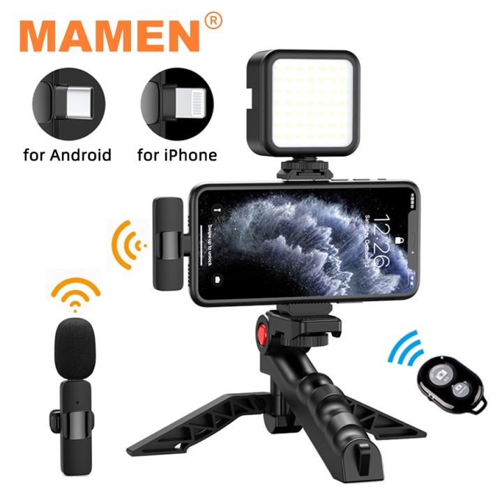 mamen-ชุดเครื่องมือ-vlogging-ขาตั้งกล้องโทรศัพท์2-4g-พร้อมไมโครโฟนสำหรับ-iphone-ไร้สายลาวาเลียร์แท็บเล็ตสมาร์ทโฟน-android-กล้อง-slr