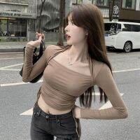 ♟▧ Live broadcast clothing female anchor clothing photogenic sexy hot girl pure lust sexy square neck long-sleeved T-shirt drawstring top