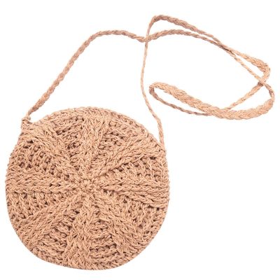 Rattan Crochet Straw Woven Basket Bali Handbag Round Circle Crossbody Shopper Beach Tote Bag（Light Brown）