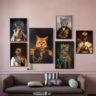 Renaissance ยุโรปไฮโซภาพโปสเตอร์พิมพ์บนผ้าใบ Wall Art-ตลกสุนัขและแมวรูปภาพสำหรับห้องนั่งเล่นตกแต่งบ้าน-ที่ไม่ซ้ำกันและแปลก