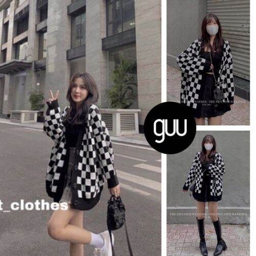 Áo Cardigan Nữ Hàn Quốc Phối Họa Tiết Bàn Cờ Đen Trắng Form Rộng Tay Dài  Một Hàng Cúc Guu | Lazada.Vn