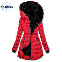 Coldzera ผู้หญิงฤดูหนาวปักเป้าแจ็คเก็ต Plush Lined Mid-Length Full Zip Coat Hood แขนยาว Slim Fit กระเป๋าซิป Lady S Outwear