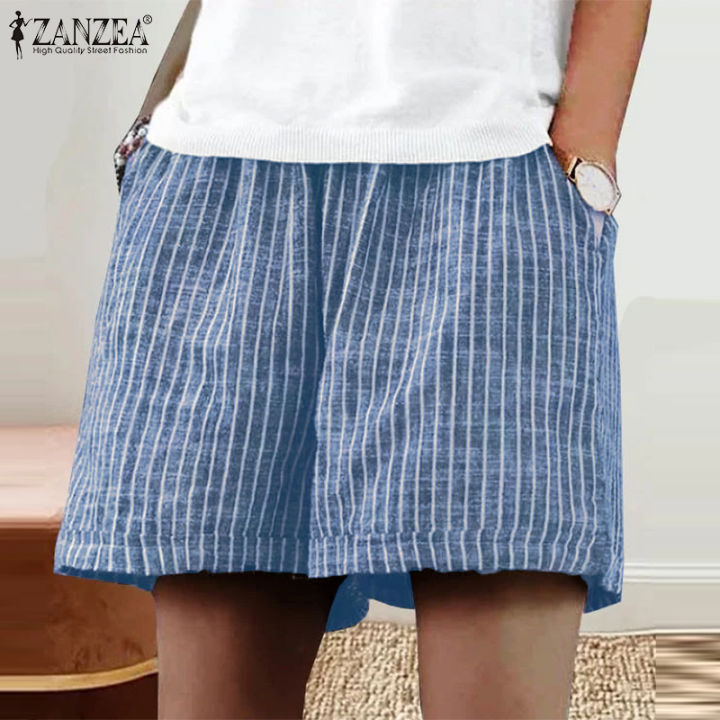 สินค้ามาใหม่-จัดส่งฟรี-fancystyle-zanzea-กางเกงขาสั้นลำลองใส่ได้ทุกวันสำหรับผู้หญิงกระเป๋าด้านข้างวินเทจเอวยางยืดกางเกงลายทาง-15