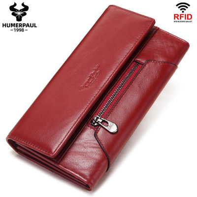 TOP☆【Genuine Cowhide Leather】HUMERPAUL Brand 2022 New Womens Wallet Long Clutch Purse Multiple Card Slots Coin Pocket Female Luxury Original First Layer Cowhide RFID Anti-Magnetic Phone Bag