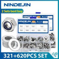 NINDEJIN 2ชุด304สแตนเลส321ชิ้น M2-M12ไนล่อนล็อคอ่อนนุชชุดที่มี M2-M12 620ชิ้นแบนเครื่องซักผ้า Assortment ชุด