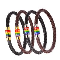 Brown Black Braided Genuine Leather Bracelet Men Women Gay Pride Rainbow Stainless Steel Magnetic Charms Bracelet Gift Jewelry Replacement Parts