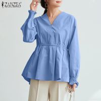 ZANZEA Women Korean Style Elegant Solid Color Long Sleeve V-Neck Pleated Casual Blouse