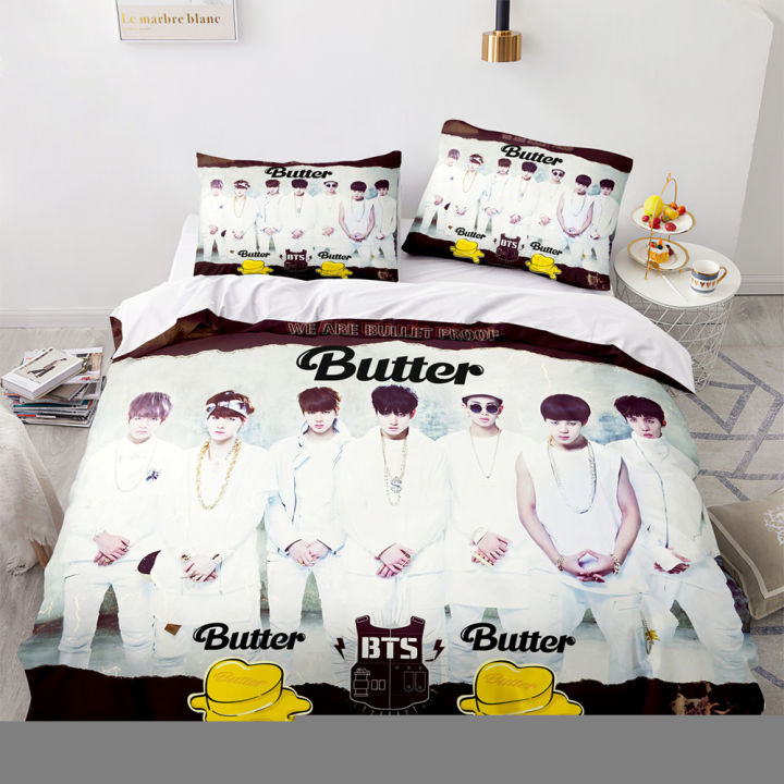 ใหม่-cod-ชุดผ้าปูที่นอน-ลาย-kpop-bts-butter-3in1-ล้างทําความสะอาดได้-สองขนาด-สําหรับบ้าน-ห้องนอน