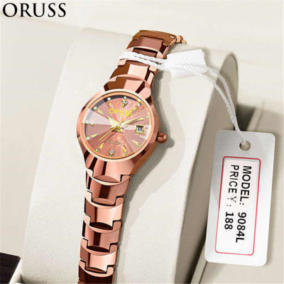 ORUSS นาฬิกาสำหรับผู้หญิงสวิสเดิมนาฬิกาข้อมือผู้หญิงเหล็กทังสเตนเรืองแสงกันน้ำ
