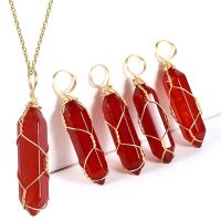 【CC】 Chain Stone Pendant Necklace for Wire Wrap Hexagonal Pointed Carnelian Agates Pendulum