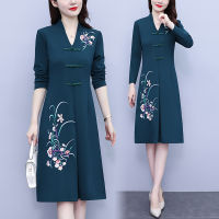 【CW】V-neck Elegant and Noble Embroidered Disc Buckle Cheongsam Dress Female Age-reducing Loose Plus Size Elastic Dress for Women