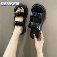 RENBEN รองเท้าแตะหนา soled ผู้หญิงฤดูร้อนใหม่สีทึบพับง่ายรองเท้าแตะซอกออกแบบเข็มขัดหัวเข็มขัดรองเท้าโรมัน V725