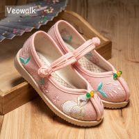 【Love ballet】 Veowalk เด็กสาว Jacquard ผ้าฝ้ายดอกไม้ปักแพลตฟอร์มแฟลตเด็กอ่อนเล่นเดินรองเท้าผ้าใบรองเท้าสไตล์จีน