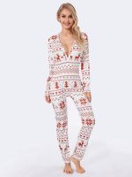 2023 New Women Christmas Pajama Print V Neck Long Sleeve Jumpsuits Autumn Winter Loungewear Soft Sleepwear for Nightwear