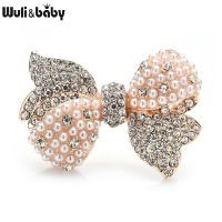 Wuli&amp;baby Sparkling Rhinestone Pearl Bowknot Broocohes For Women Flower Weddings Party Office Brooch Pins Gifts