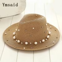 Ymsaid 2022 New Summer British pearl beading flat brimmed straw hat Shading sun hat Lady beach hat