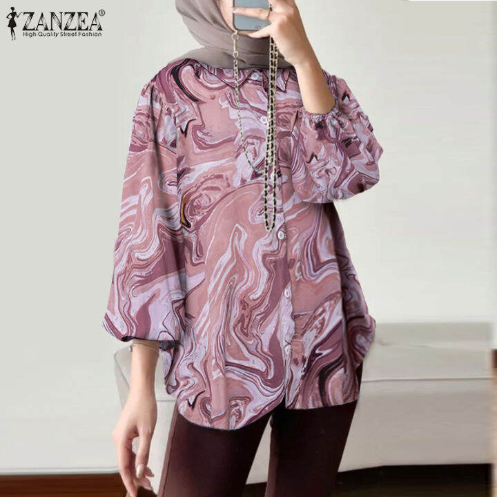 สินค้ามาใหม่-จัดส่งฟรี-fancystyle-zanzea-เสื้อผู้หญิงมุสลิมลำลอง-เสื้อมีปกแบบมีกระดุมเสื้อลายพิมพ์เรียบง่าย