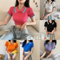 Chili_k❤️k❤️?พร้อมส่ง?เสื้อครอปแฟชั่น เสื้อผู้หญิง เเขนสั้นคอปก ตัดขอบสี (5935)