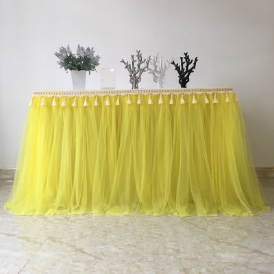 ร้อนสีเหลือง T Ulle กระโปรงตาราง DIY ตูบนโต๊ะอาหารกระโปรงตกแต่งวันเกิดงานแต่งงานทารกฝักบัวโปรดปรานพรรคสิ่งทอที่บ้านผ้าปูโต๊ะ