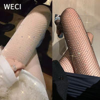 WECI ถุงน่องตาข่ายประดับเพชรสำหรับผู้หญิงเซ็กซี่ถุงน่องตาข่ายไนลอนแบบบางของพลอยเทียมหลากสี