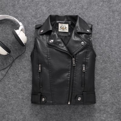 （Good baby store） Children  39;s PU Leather Vest Coat Autumn Spring Boys Girls Sleeveless Cardigan Waistcoat Motorcycle Bomber Jackets Zipper Tops