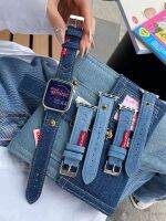 Tali kulit mewah untuk iWatch Ultra 8 7 6 5 4 SE Y2k desain Denim tali gelang perempuan untuk jam tangan Apple 41mm 40mm 45mm 38mm 49mm