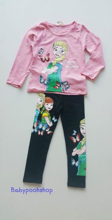 Set เสื้อแขนยาวสีชมพู พร้อม เลกกิ้งสีดำ สกรีนลาย เจ้าหญิง Frozen size : 8-9y