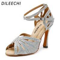 DILEECHI Silver Glitter Rhinestone Latin Dance Shoes Women Salas Ballroom Shoes Width High Heel 10Cm Waltz Software Shoes