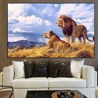 Sumanssa HD พิมพ์ Steppe สัตว์ป่าสองสิงโตผ้าใบภาพวาดโปสเตอร์และพิมพ์ Cuadros Wall Art รูปภาพสำหรับห้องนั่งเล่น