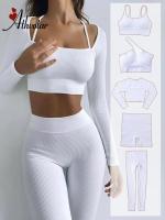 ATHVOTAR Women Yoga Set Seamless Ribbed Set Sports Workout Tops Gym Shorts High Waist Leggings Sports Suit