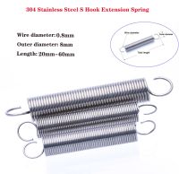 5Pcs Wire Dia 0.8mm S Hook Extension Spring OD 8mm 304 Stainless Cylindroid Helical Pullback Tension Coil Spring Length 20 60mm