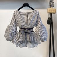 New Spring Summer Women 2 Piece Set Sexy V Neck Lantern Sleeve Striped Blouse Bow Tie Shirt Top Split Pencil Flare Pant Suit