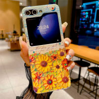 เคสโทรศัพท์บลูเรย์สุดหรูสำหรับ Samsung Galaxy Z Flip 5 Z 4ลายจุดเจาะลายดอกทานตะวันภาพสีน้ำมันกรอบซิลิโคนแบบนิ่มพับได้