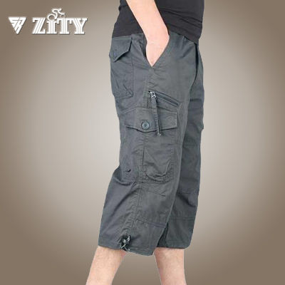 Mens Cotton Cargo Shorts Overalls Military Long Length Breeches Short Pants Summer Casual Multi Pocket Male Cropped Pants