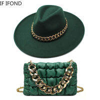 Fashion Luxury Two-piece Set Big Wide Brim 9.5CM Fedora Hat And Oversized Chain Accessory Bag Party Jazz Hats For Women