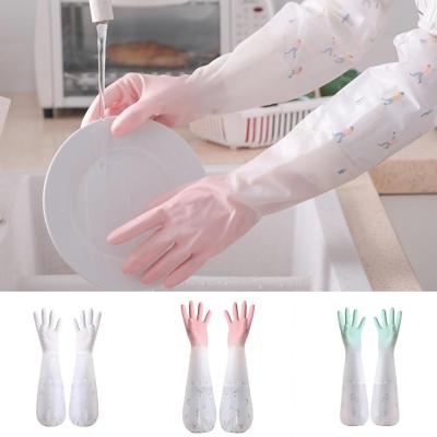 1 Pair Cleaning Gloves Lengthen Plush Liner Latex Kitchen Women Dishwashing Handcare Gloves Daily Use Safety Gloves